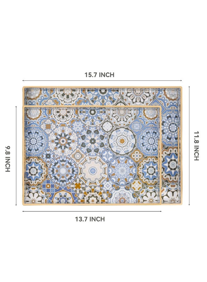 AGIOTA 2 Pcs Serving Tray with Handles Bohemian Decorative Tray Large Ottoman Trays for Living Room Blue Coffee Table Trays for Breakfast - Image 4